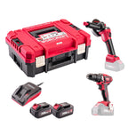 Worcraft 20V cordless tool kit with a red and black carrying case, drill driver, angle grinder, and two battery packs on a white background.