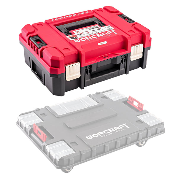 A red and black WorCraft tool storage case shown from above, with a faded secondary view of the same case underneath on a white background.