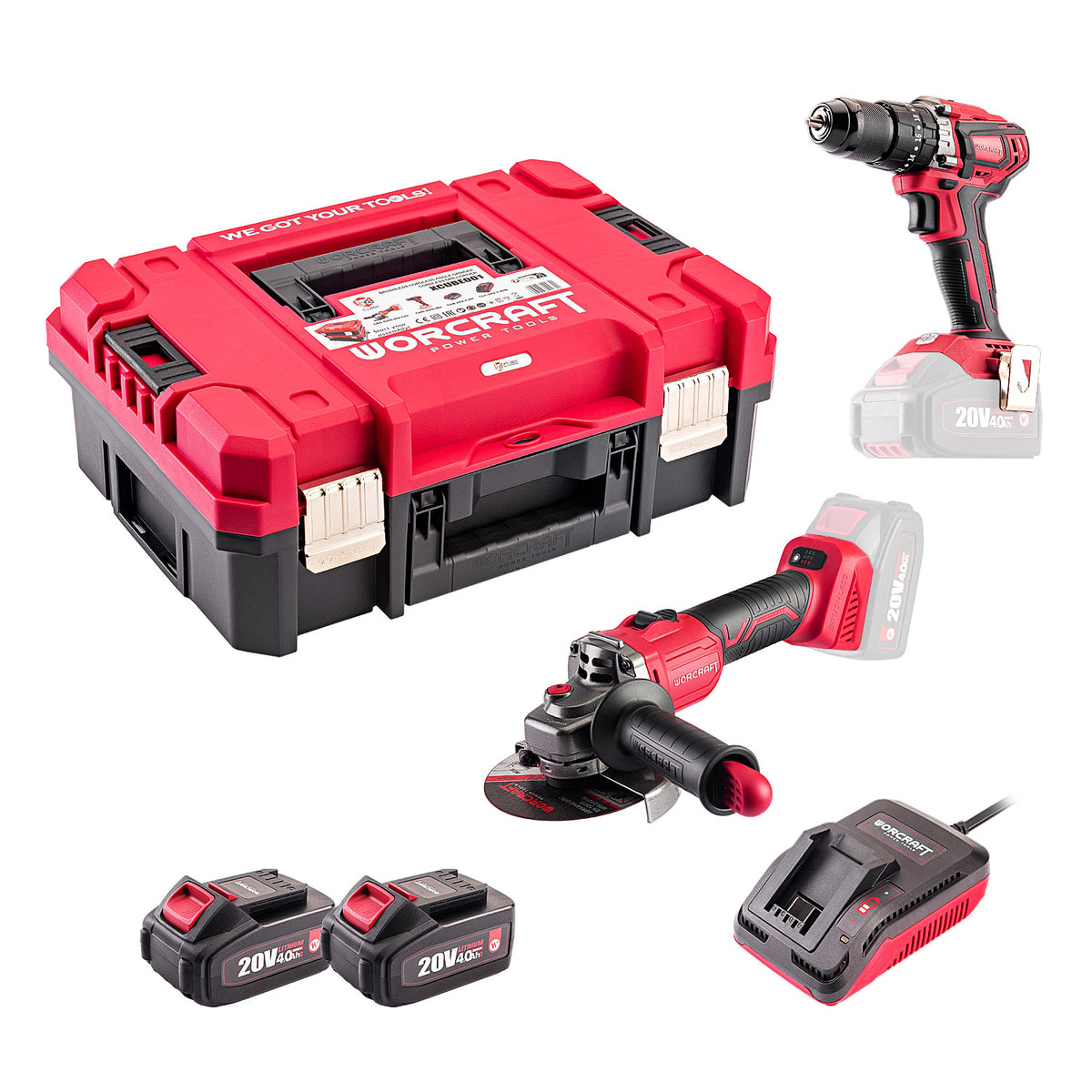 Worcraft 20V cordless tool kit with a red and black carrying case, drill driver, angle grinder, two 20V Li-ion batteries, and a battery charger on a white background.