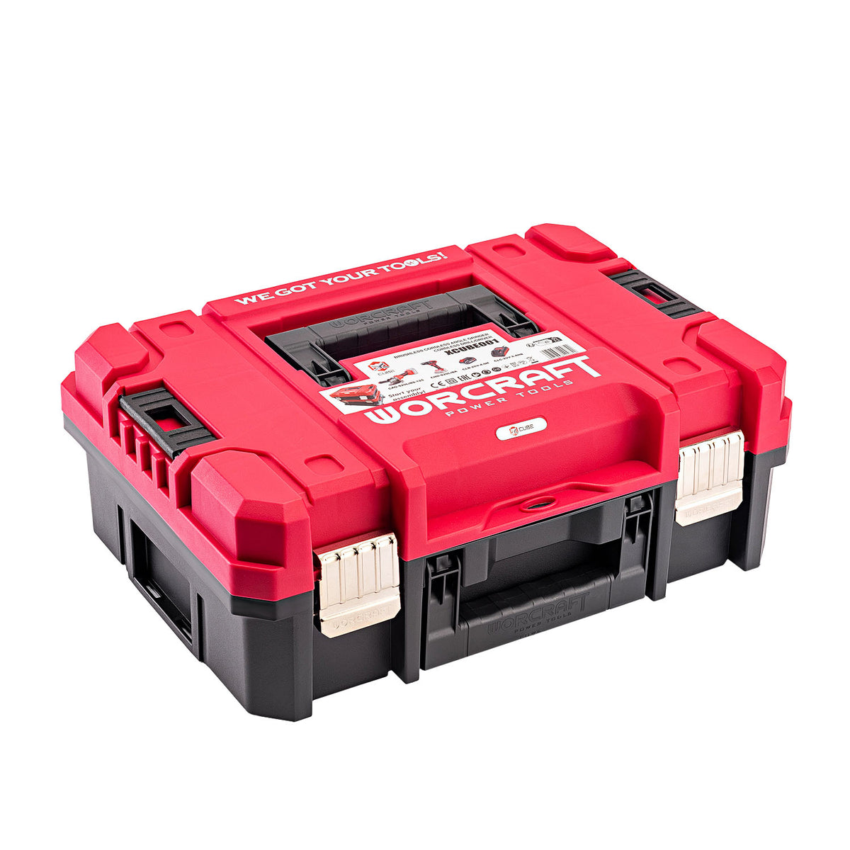 A red and black WOrCRAFT tool storage case with white latches, shown at a three-quarter angle on a white background.