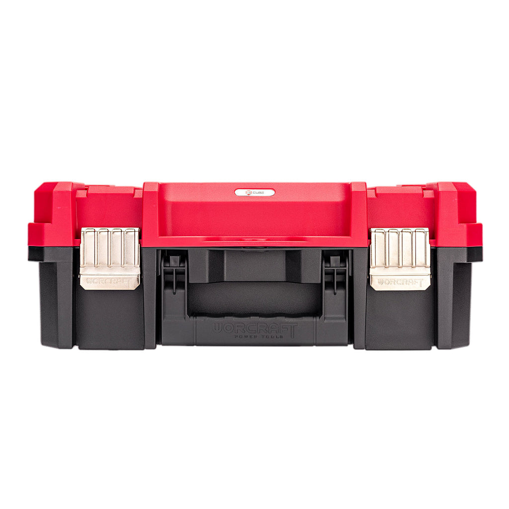 A red and black plastic tool box with silver metal latches, shown from the front against a plain white background.