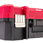 Close-up of a red and black plastic tool box with a silver metal latch, showing the WORCRAFT brand name on the latch and side.