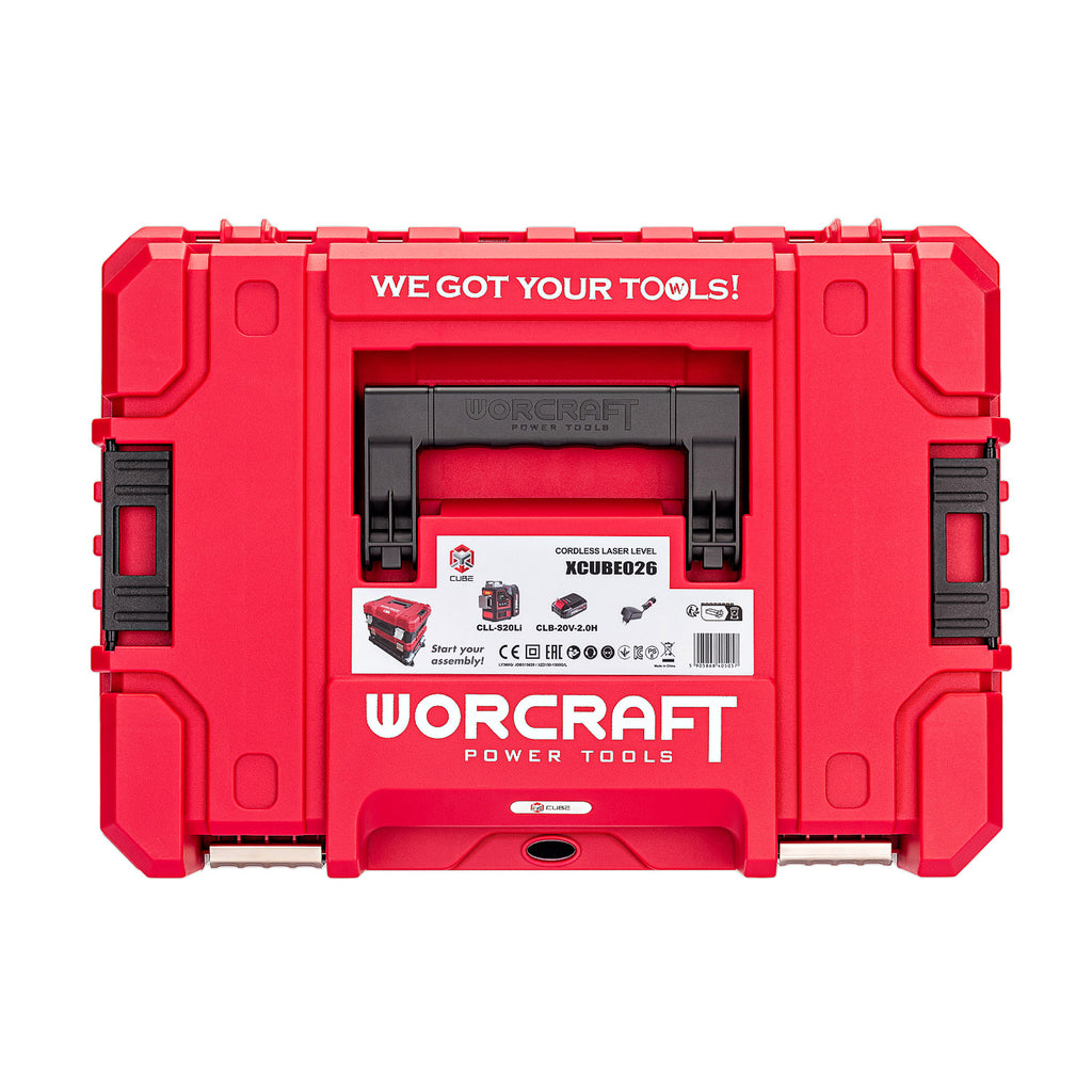 A red heavy-duty tool storage case with black latches and a central handle cutout, featuring the white 'WORCRAFT POWER TOOLS' logo and a product label on the front, isolated on a white background.