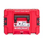 A red heavy-duty tool storage case with black latches and a central handle cutout, featuring the white 'WORCRAFT POWER TOOLS' logo and a product label on the front, isolated on a white background.