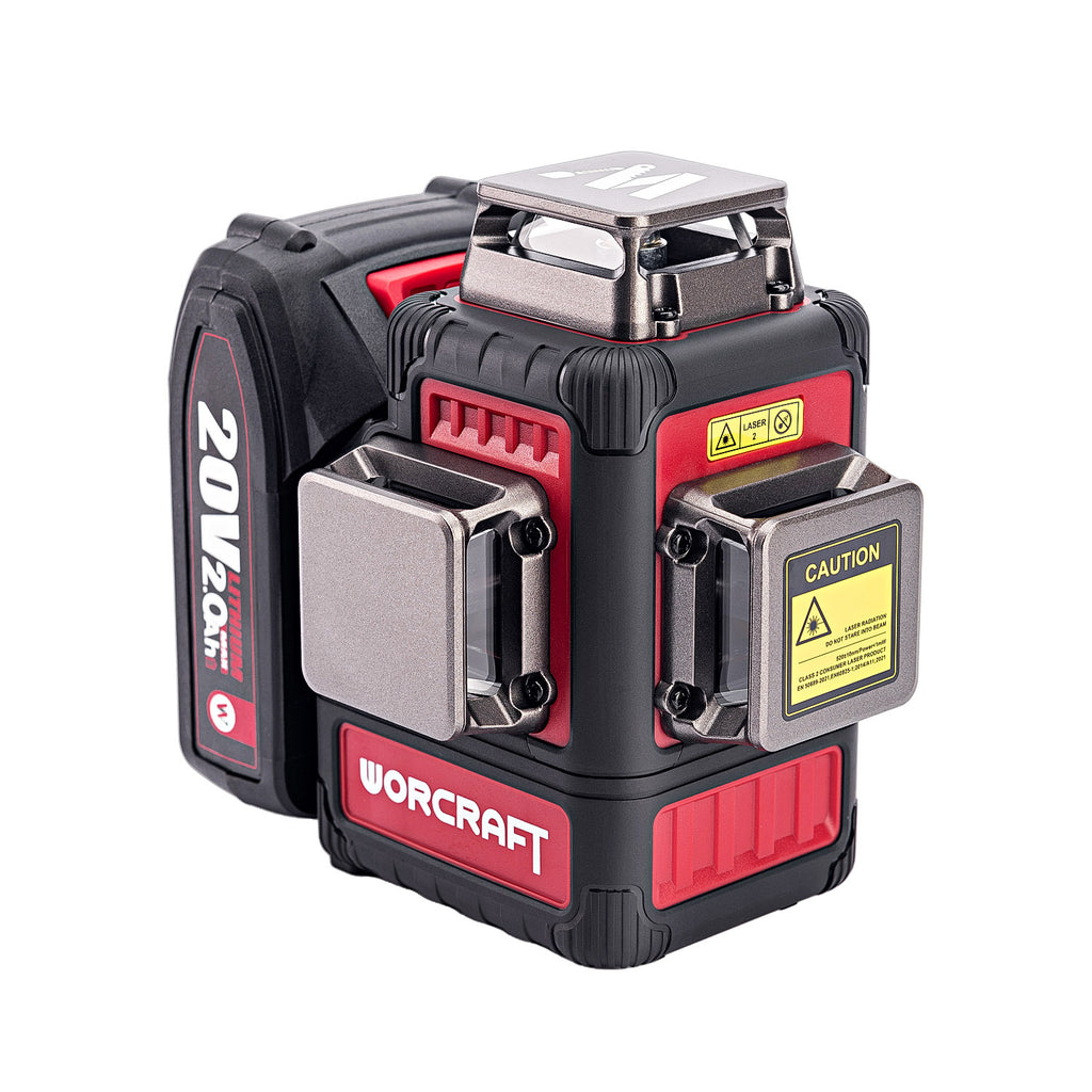 A Worcraft 20V 24A laser level device with a black and red plastic housing, featuring a metallic top reflector and warning labels, shown on a solid white background.