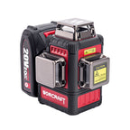 A Worcraft 20V 24A laser level device with a black and red plastic housing, featuring a metallic top reflector and warning labels, shown on a solid white background.