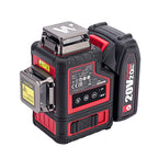 A red and black laser level device with a battery pack, shown on a clean white background. The device features a black body with red panels, a top-mounted target plate, and a side-mounted battery labeled '20V 2000mAh'.