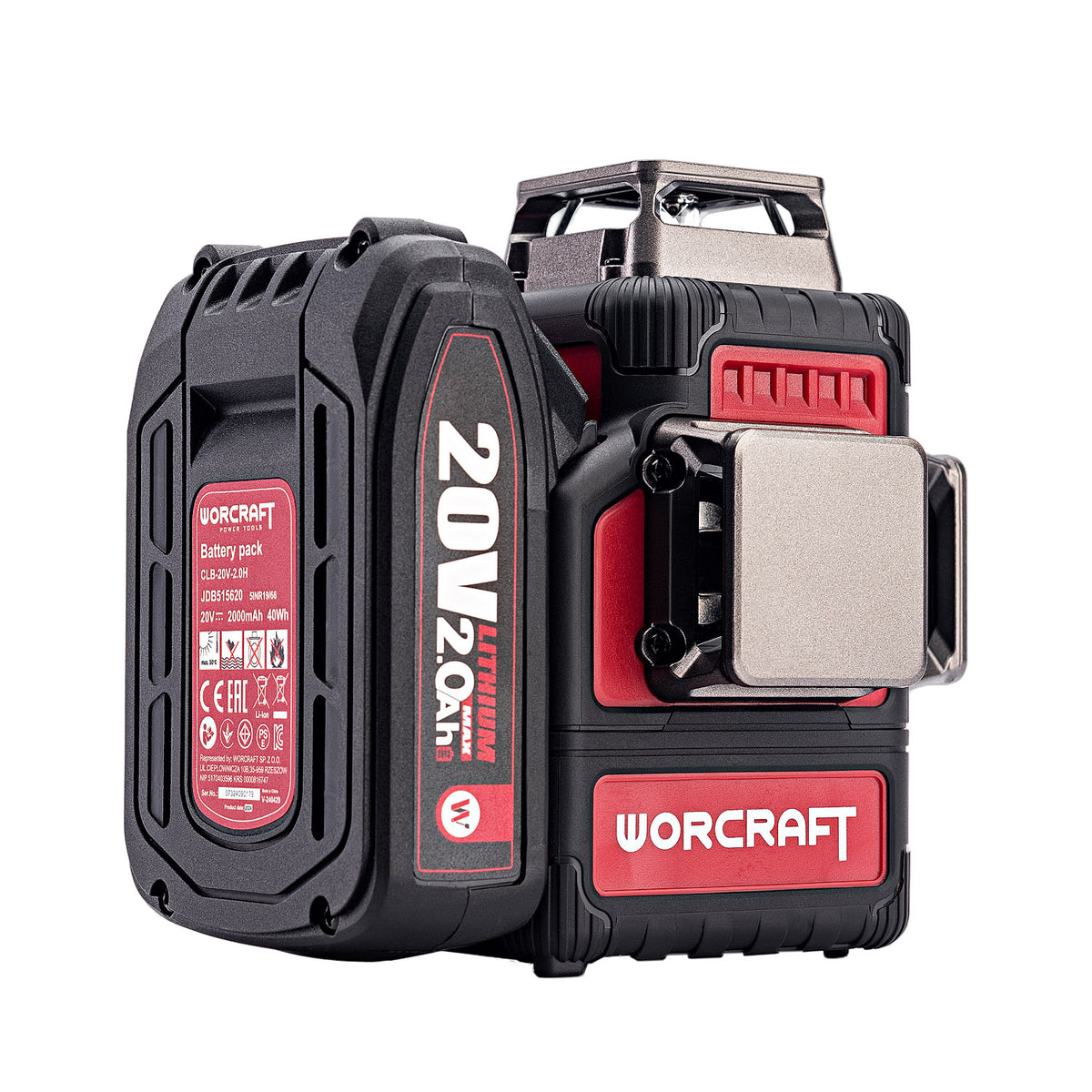 A WORCRAFT 20V 2.0Ah Lithium+ battery pack with an integrated mounting bracket, shown on a solid white background.
