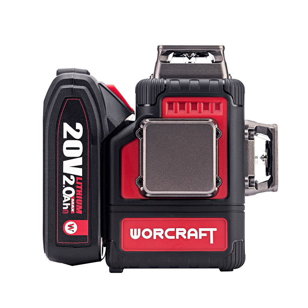 A WORCRAFT 20V MAX lithium-ion cordless laser level with an attached battery pack, shown on a solid white background.