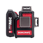A WORCRAFT 20V MAX lithium-ion cordless laser level with an attached battery pack, shown on a solid white background.