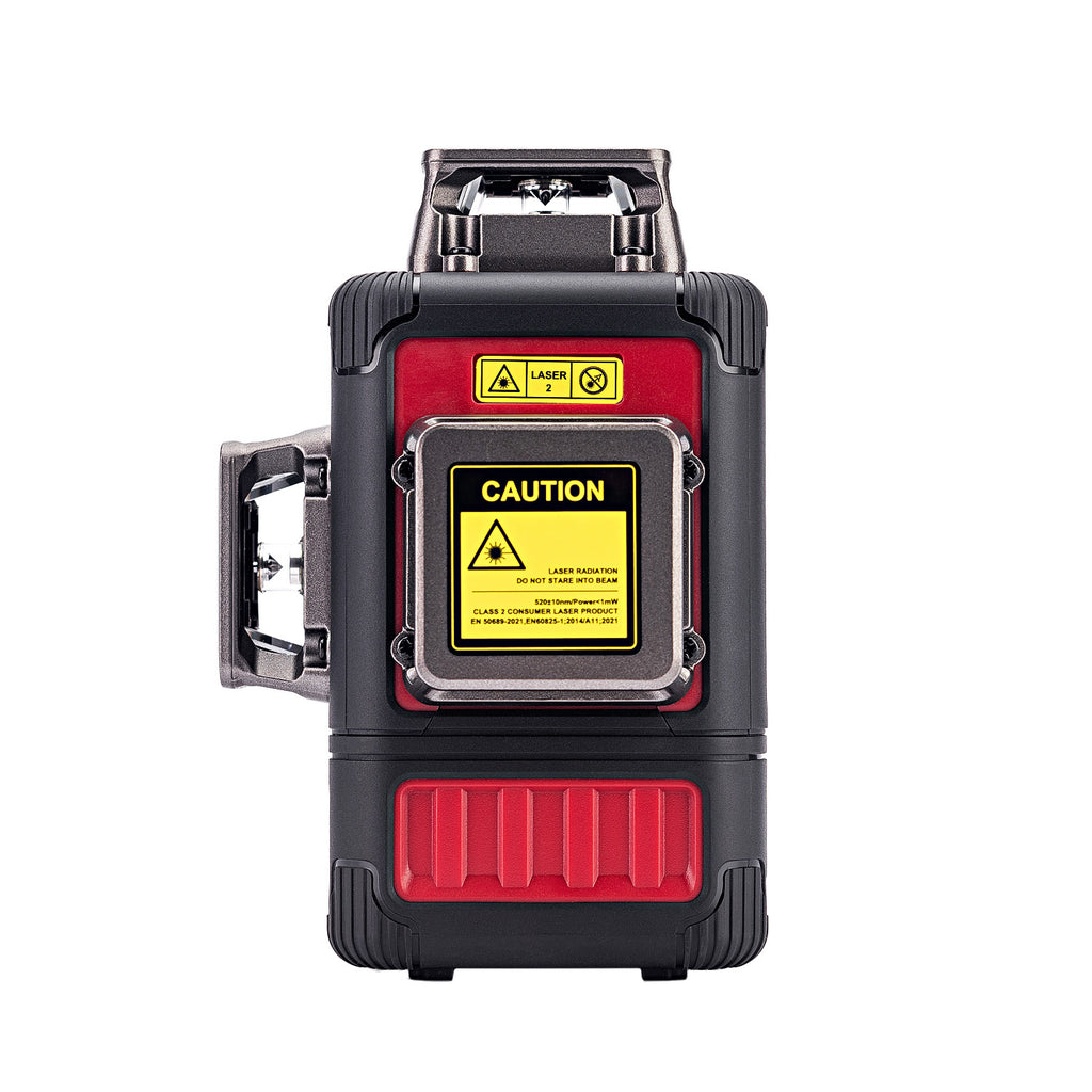A red and black laser level device with a yellow caution label on the front, shown against a plain white background.