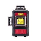 A red and black laser level device with a yellow caution label on the front, shown against a plain white background.