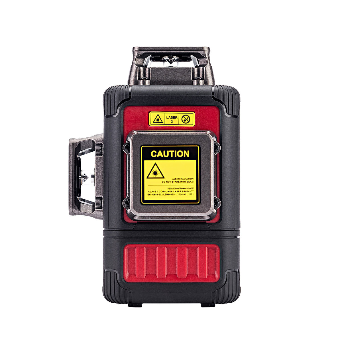 A red and black laser level device with a yellow caution label on the front, shown against a plain white background.