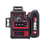 A Worcraft 20v laser level with a red and black battery pack, shown on a solid white background.