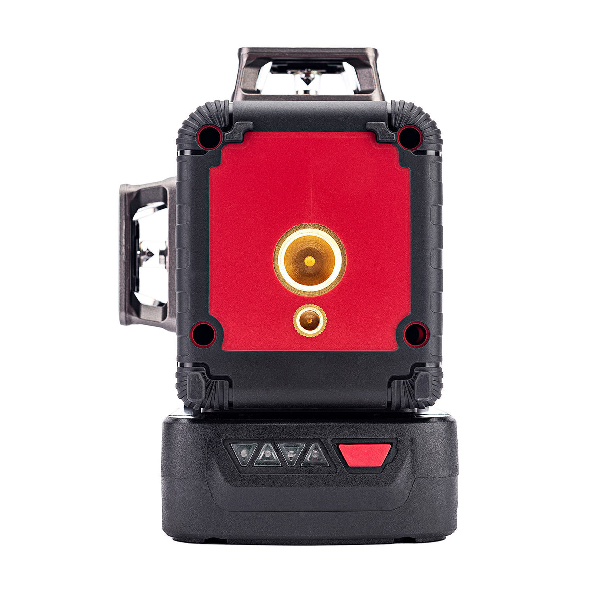 A red and black laser level device shown from the front on a plain white background.