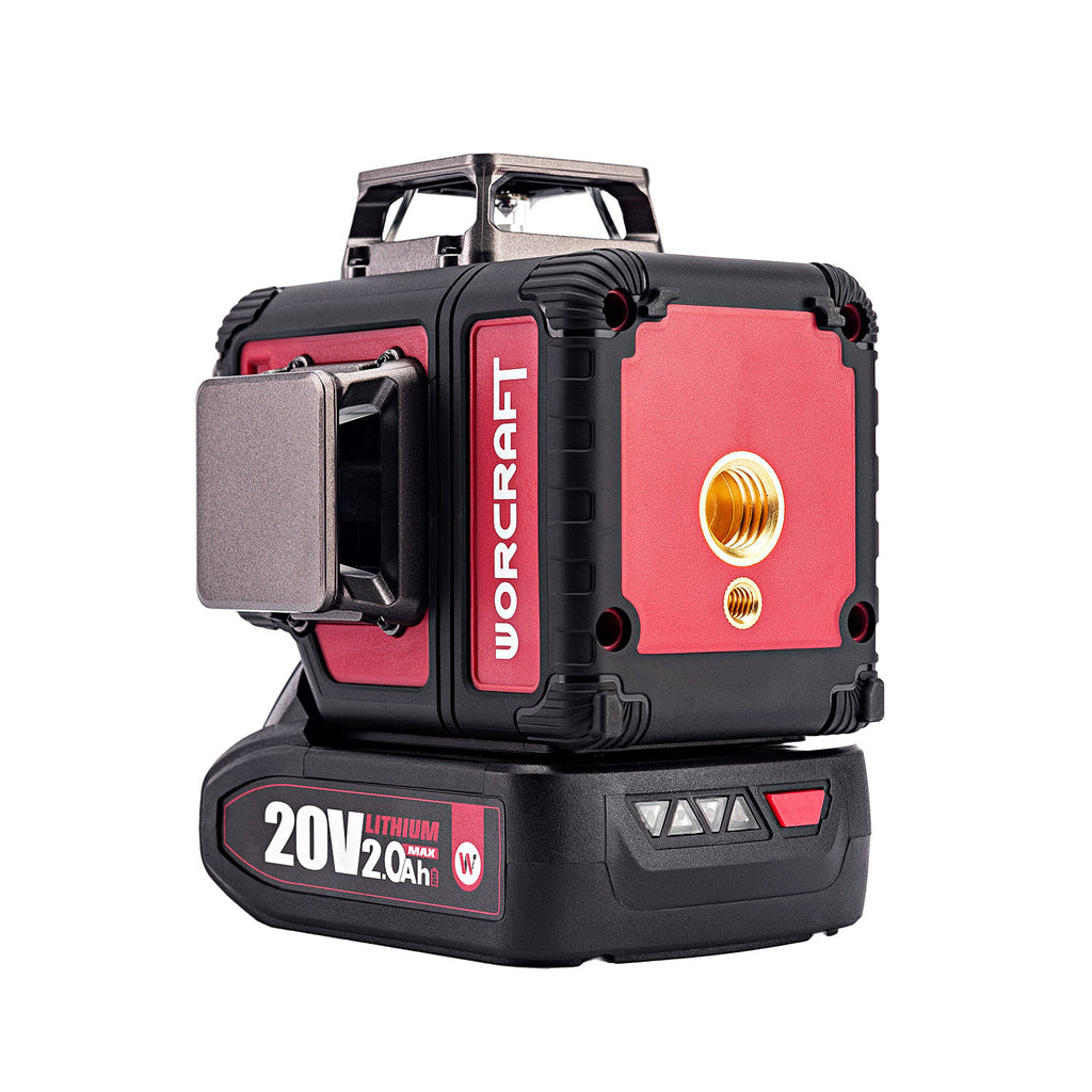 A red and black WORCRAFT 20V 2.0Ah lithium-ion cordless laser level, shown with its battery pack attached against a solid white background.