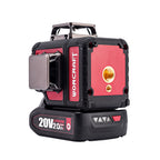 A red and black WORCRAFT 20V 2.0Ah lithium-ion cordless laser level, shown with its battery pack attached against a solid white background.