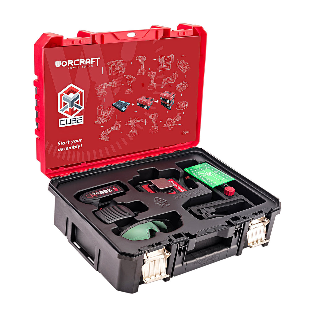 A red and black Worcraft CUBE assembly kit case shown open on a white background, with tools and accessories arranged in the molded interior.
