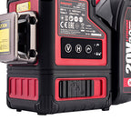Close-up of a Worcraft laser level device in black and red, showing the front control panel with voltage, height, and level indicators, and part of the battery pack on the right side.