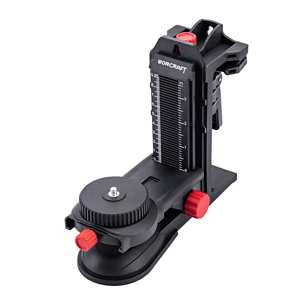 A black Worcraft brand window suction cup mount with red adjustment knobs and a white measurement scale on the side, shown on a solid white background.
