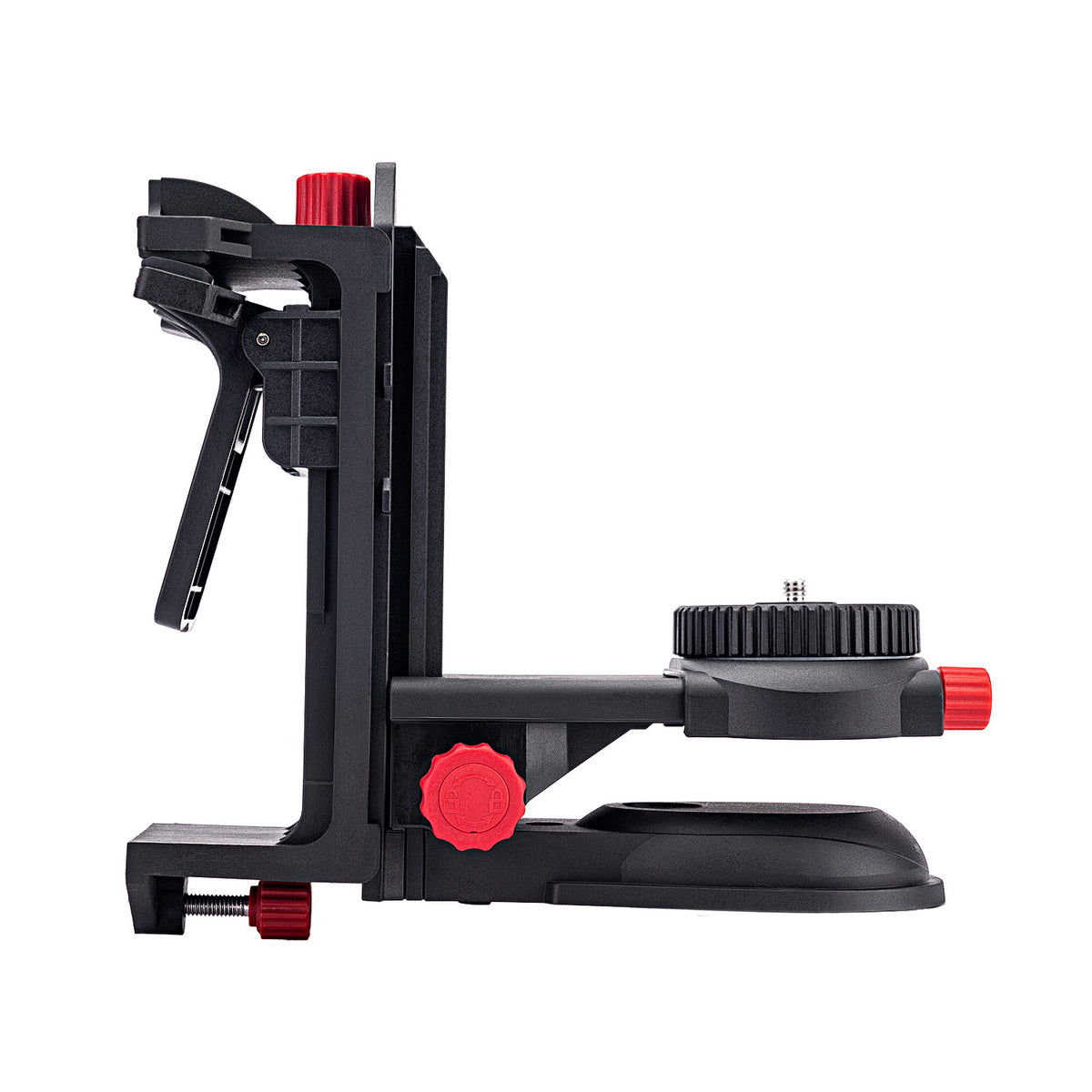 A black camera rig accessory with red adjustment knobs, shown from a side profile on a solid white background.