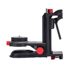 A black camera grip accessory with red adjustment knobs, shown on a solid white background.