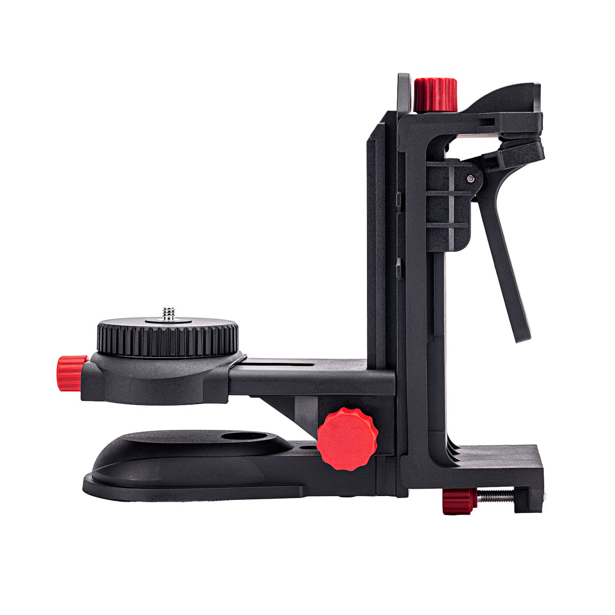 A black camera grip accessory with red adjustment knobs, shown on a solid white background.