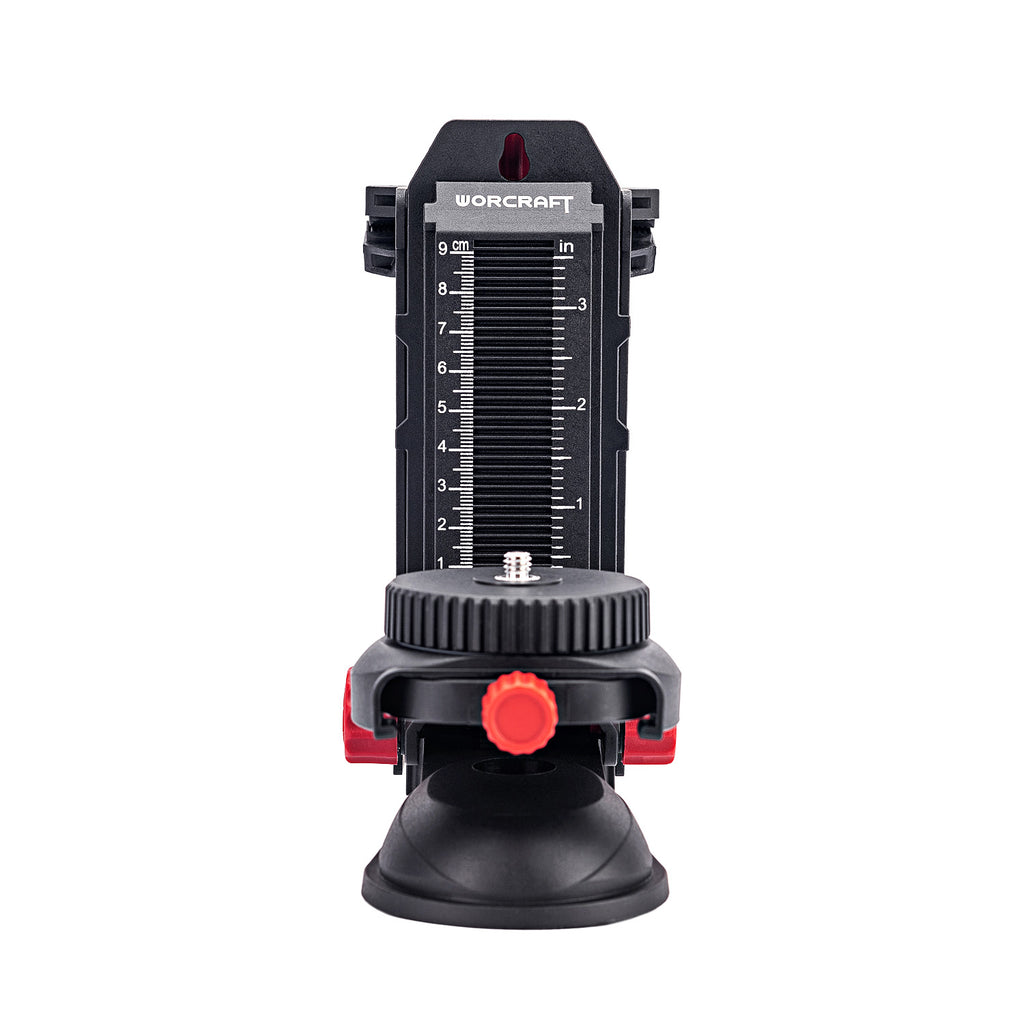A black and red Worcraft tripod head with a vertical leveling scale and a red release button, shown against a plain white background.
