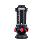 A black and red Worcraft tripod head with a vertical leveling scale and a red release button, shown against a plain white background.