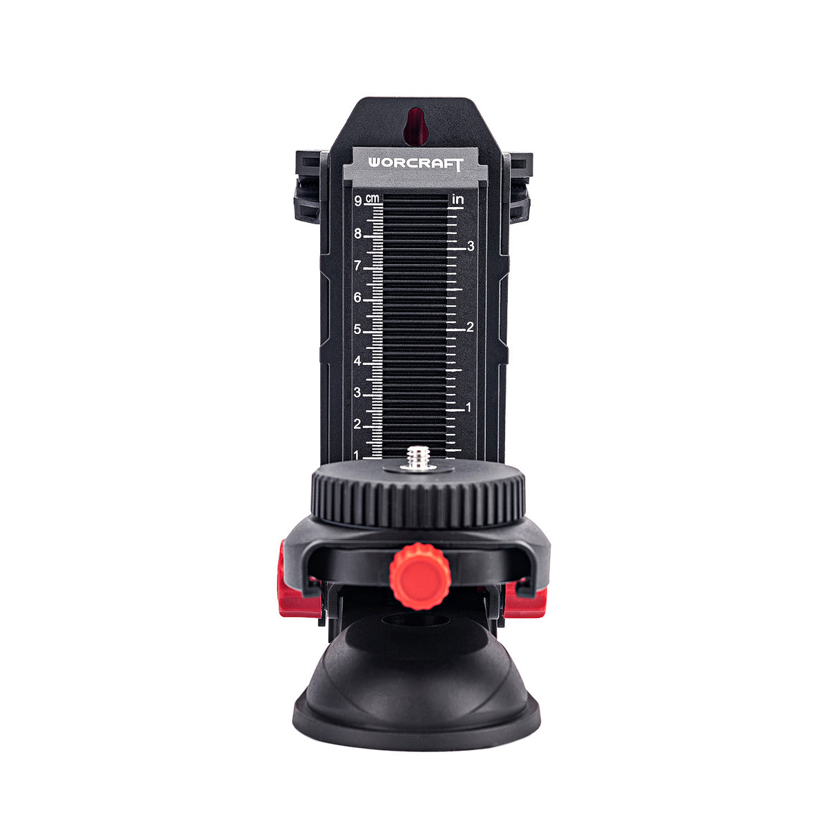 A black and red Worcraft tripod head with a vertical leveling scale and a red release button, shown against a plain white background.