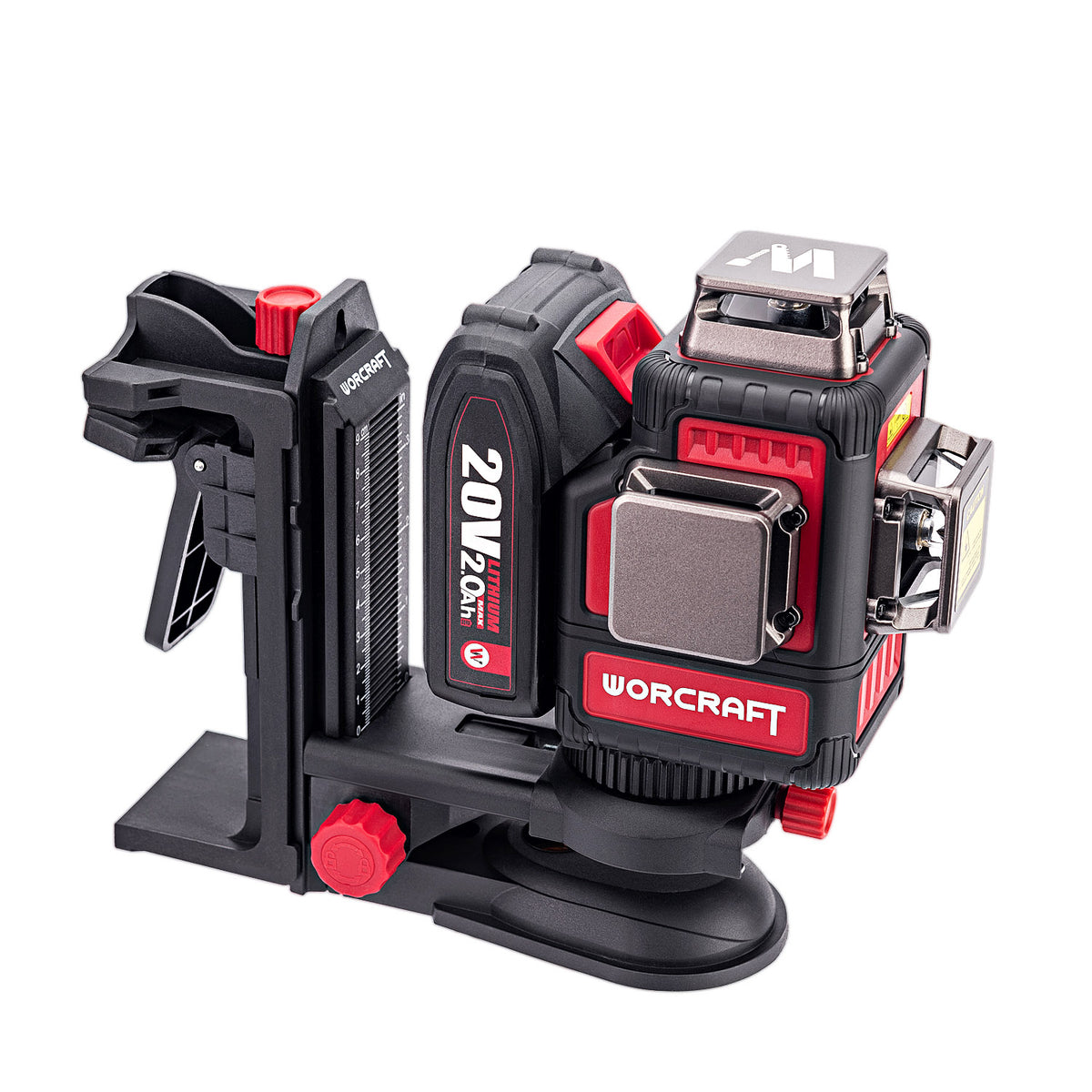 A Worcraft 20V 1800-lm laser level mounted on a black and red accessory stand, shown against a solid white background.