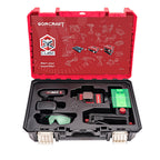 An open red and black WORCRAFT CUBE kit case showing the included tools and accessories, photographed on a clean white background.
