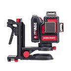 A Worcraft 20V 2.0Ah Lithium-ion laser level mounted on a black and red quick-release clamp stand, shown against a solid white background.