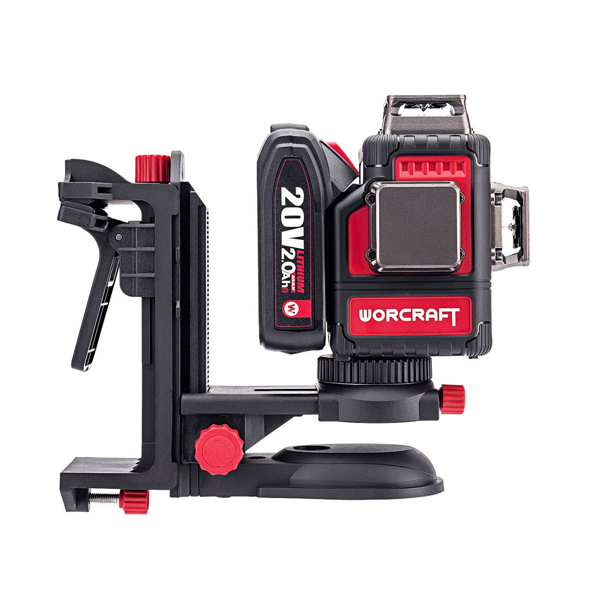 A Worcraft 20V 2.0Ah Lithium-ion laser level mounted on a black and red quick-release clamp stand, shown against a solid white background.