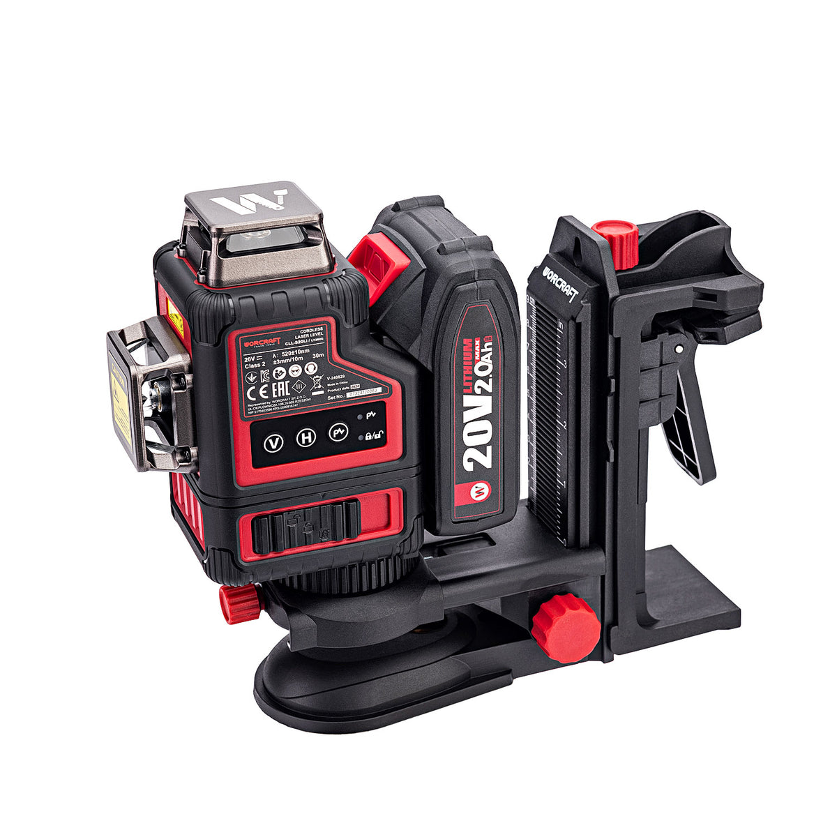 A cordless laser level and level square set from Worcraft on a clean white background. The set includes a red and black laser level with a 20V 2.