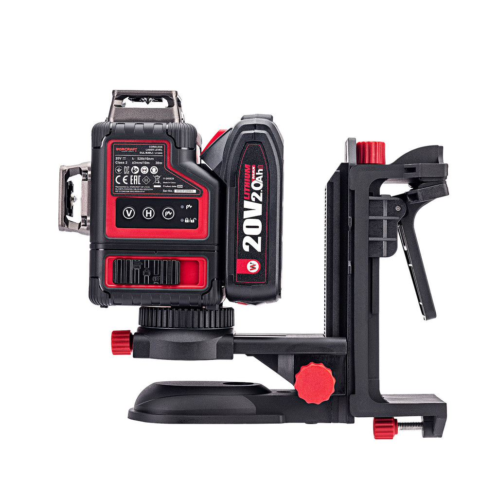 A red and black laser level mounted on a black leveling base with red adjustment knobs, shown against a solid white background.