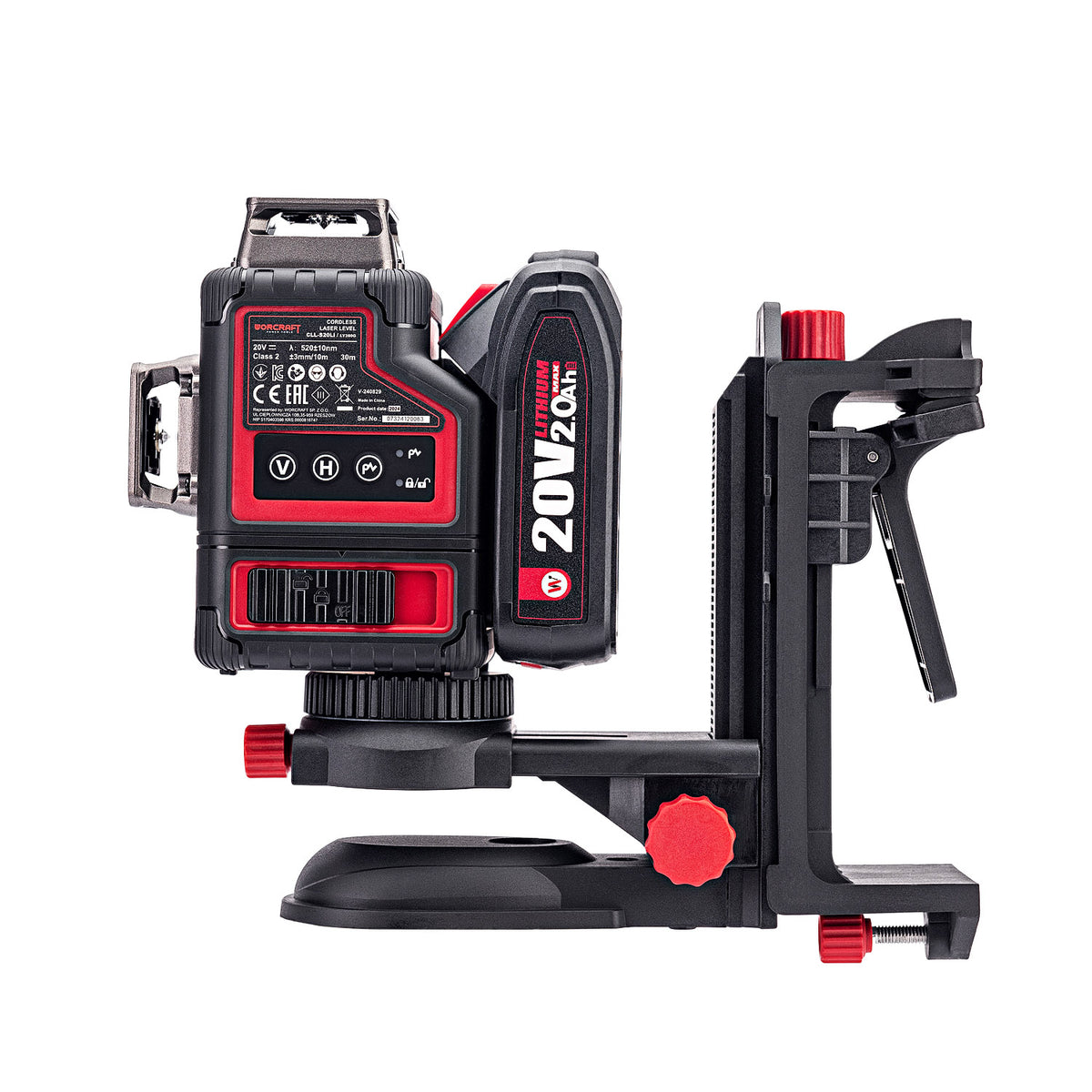 A red and black laser level mounted on a black leveling base with red adjustment knobs, shown against a solid white background.