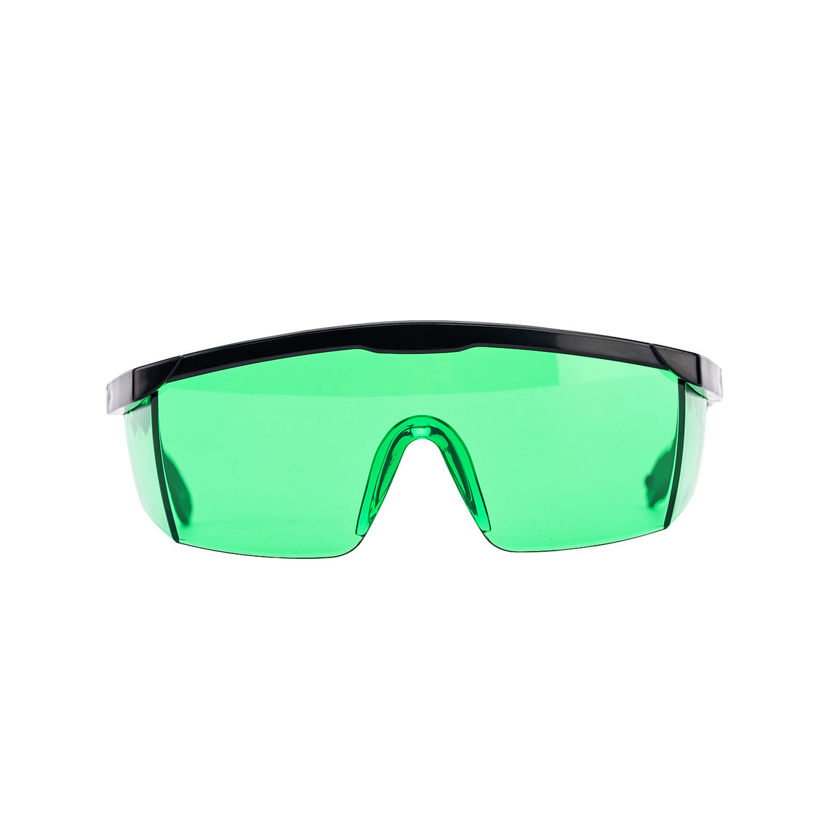 Shield-style safety glasses with a thick green-tinted lens and a black frame, shown against a plain white background.
