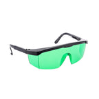 Green laser safety glasses with a black frame and temple arms, shown on a solid white background.