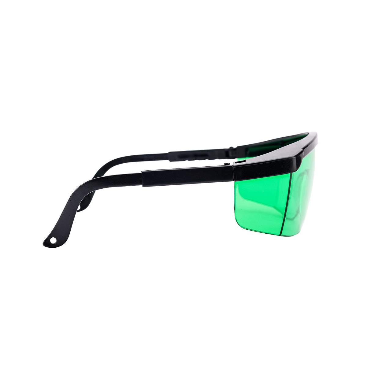 Side view of shield-style safety glasses with a black frame and a bright green-tinted lens, shown on a plain white background.
