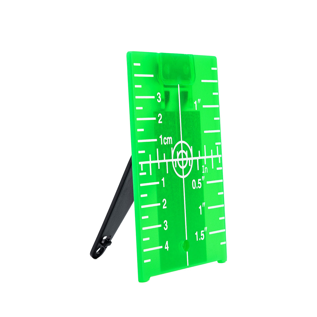 A bright green plastic measuring board with white printed inch and centimeter markings, shown standing on a black support leg against a plain white background.