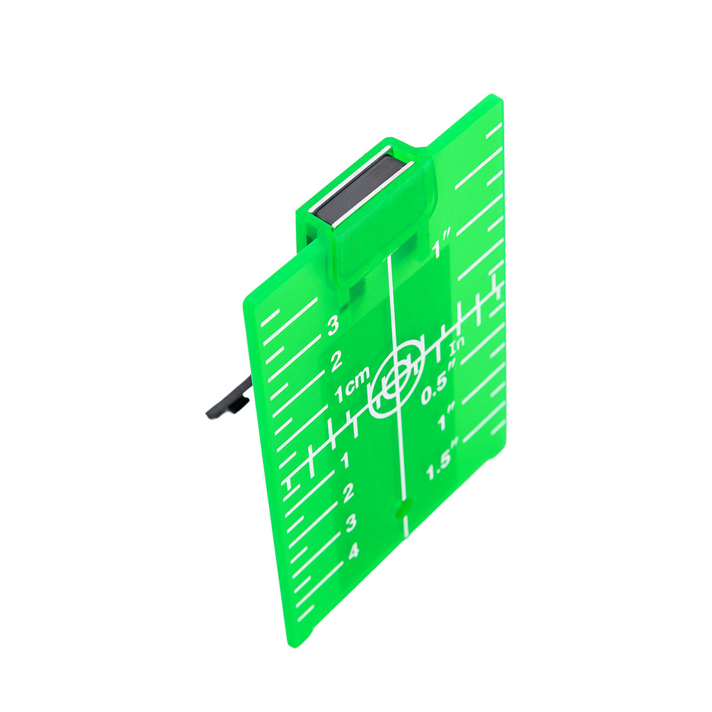 A bright green plastic yardage/rule card with white measurement markings and a small black clip, shown on a plain white background.