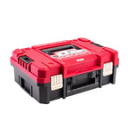 A red and black Workshop tool box with white latches, shown on a solid white background.