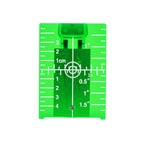 A bright green plastic level square with white printed measurement markings, including centimeter and inch scales, centered on a plain white background.