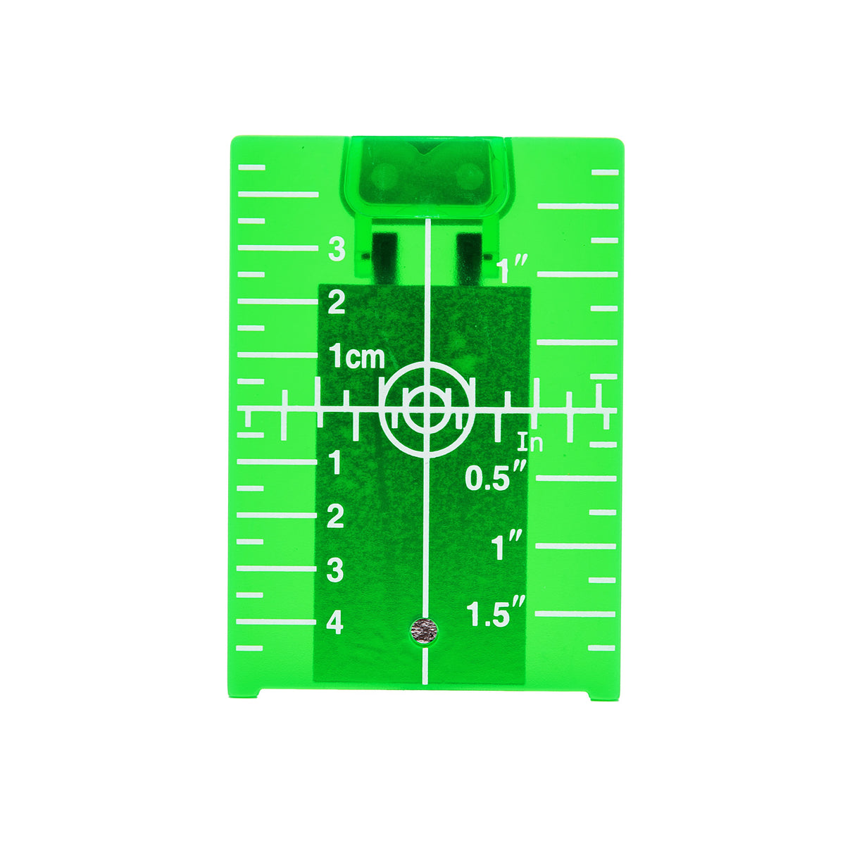 A bright green plastic level square with white printed measurement markings, including centimeter and inch scales, centered on a plain white background.