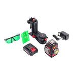 A laser level kit with a black and red laser unit, a vertical leveling target, a green alignment card, a pair of green-tinted safety glasses, a battery, a charger, and an adapter, arranged on a white background.