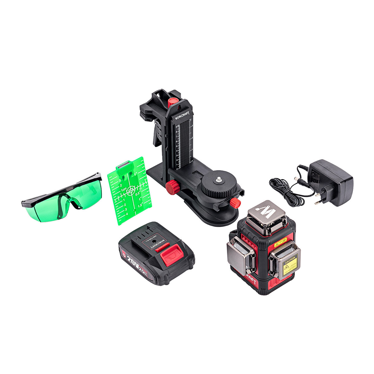 A laser level kit with a black and red laser unit, a vertical leveling target, a green alignment card, a pair of green-tinted safety glasses, a battery, a charger, and an adapter, arranged on a white background.