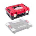 A red and black WORCRAFT tool box shown from the front, with a faded secondary view below showing the same case from the side. The box has a red top, black base, latches, and visible WORCRAFT branding on the lid. XCUBE026
