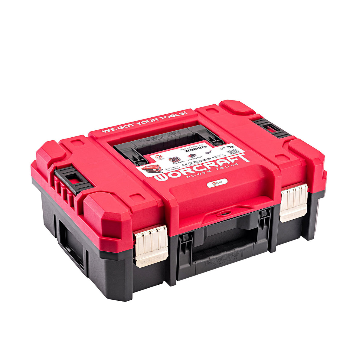 A red and black WorCraft tool box with a foam insert, shown at a three-quarter angle on a white background.