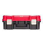 A red and black plastic tool box with silver metal latches, shown from the front against a plain white background.